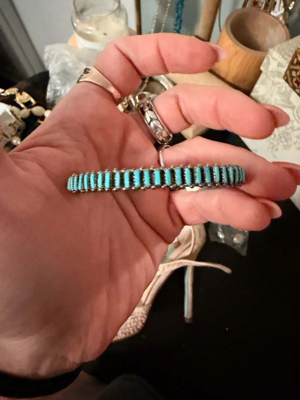 Vintage Zuni Style Sterling Silver Needlepoint Turquoise Cuff Bracelet